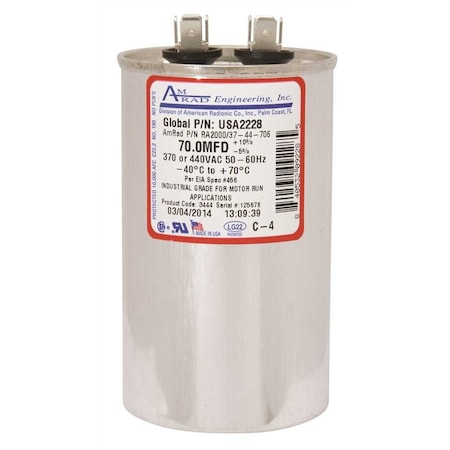 Amrad Engineering ROUND MOTOR RUN CAPACITOR, 70 MFD, 370/440 VAC USA2228